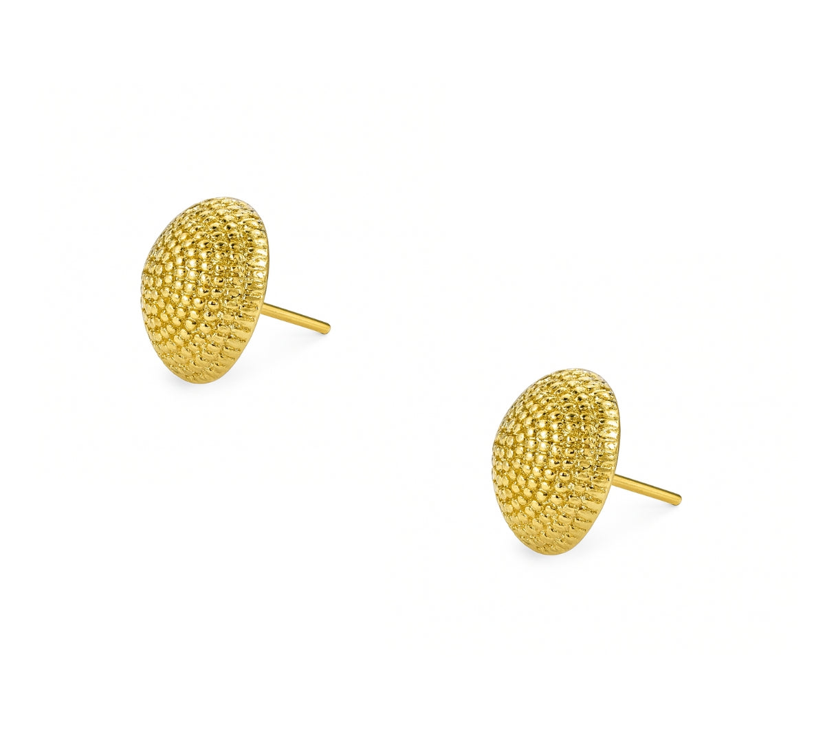 Aretes rossi en forma de lenteja de lado con textura de espiral elaborado en oro laminado de AMBAR joyería