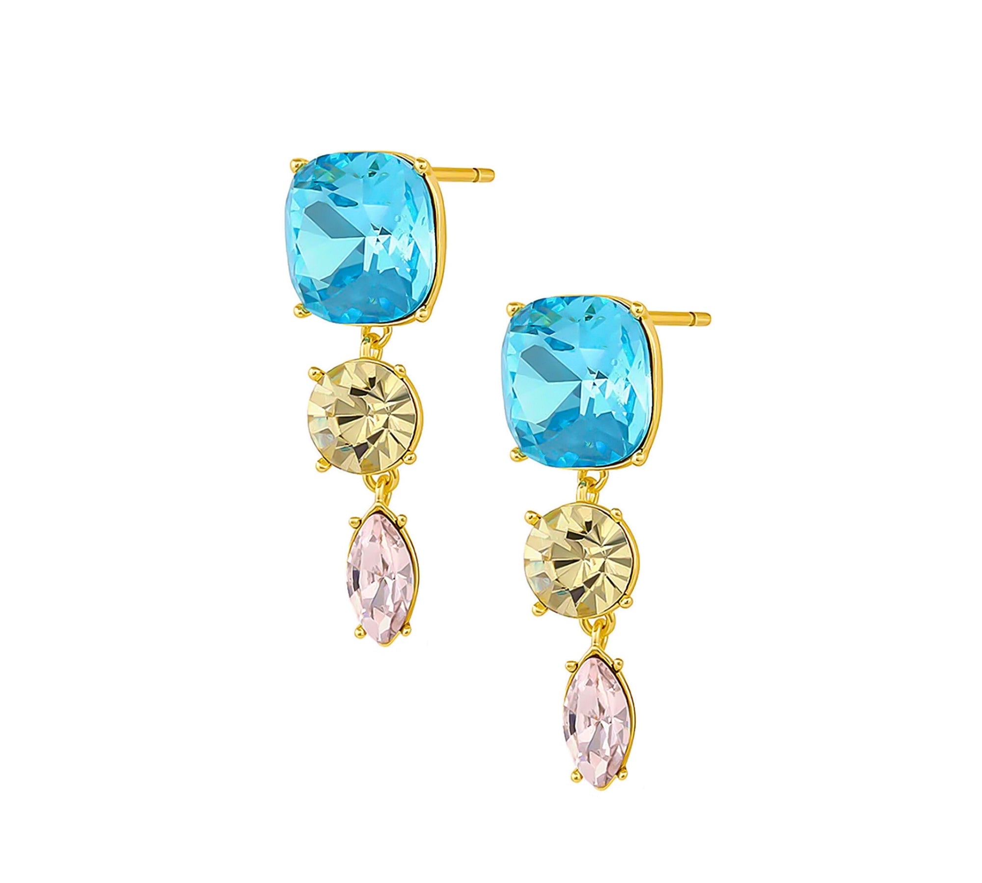 Arete princess triana con cristal celeste  amarillo y rosa enchapado en oro de 18K de AMBAR Joyería Fina