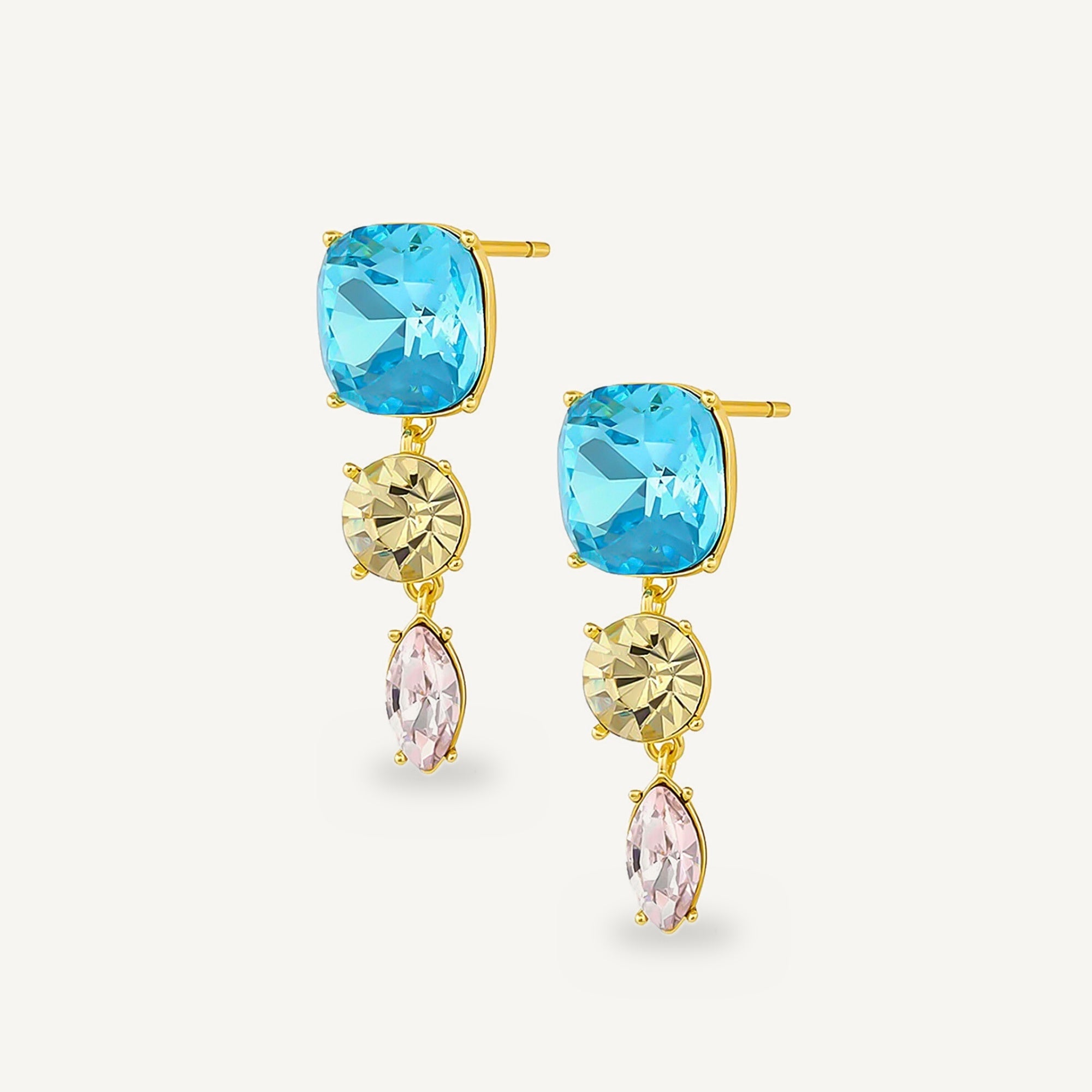 Arete princess triana con cristal celeste  amarillo y rosa enchapado en oro de 18K de AMBAR Joyería Fina