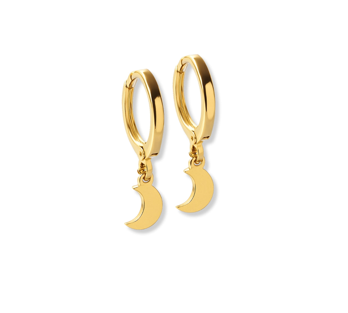 Argollas pequeñas de oro laminado con dije colgante de luna creciente lisa, diseño místico/celestial, cierre de bisagra.