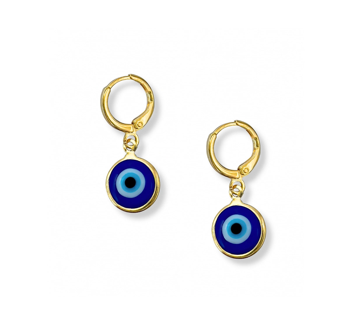 Argollas Ojo Turco Aura en oro laminado con dije circular azul de protección de AMBAR joyería fina