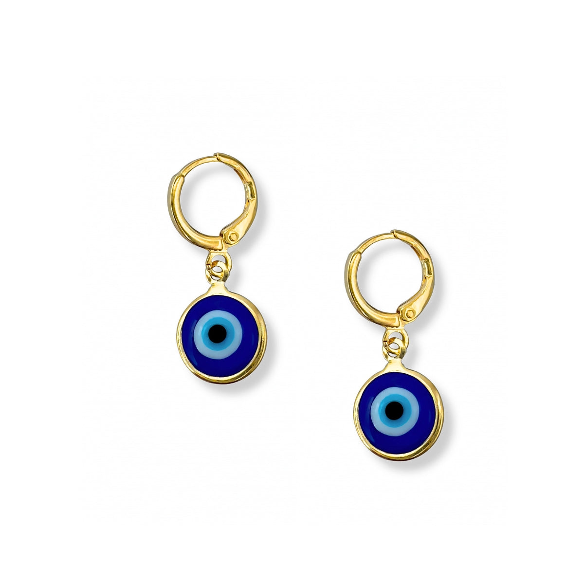 Argollas Ojo Turco Aura en oro laminado con dije circular azul de protección de AMBAR joyería fina