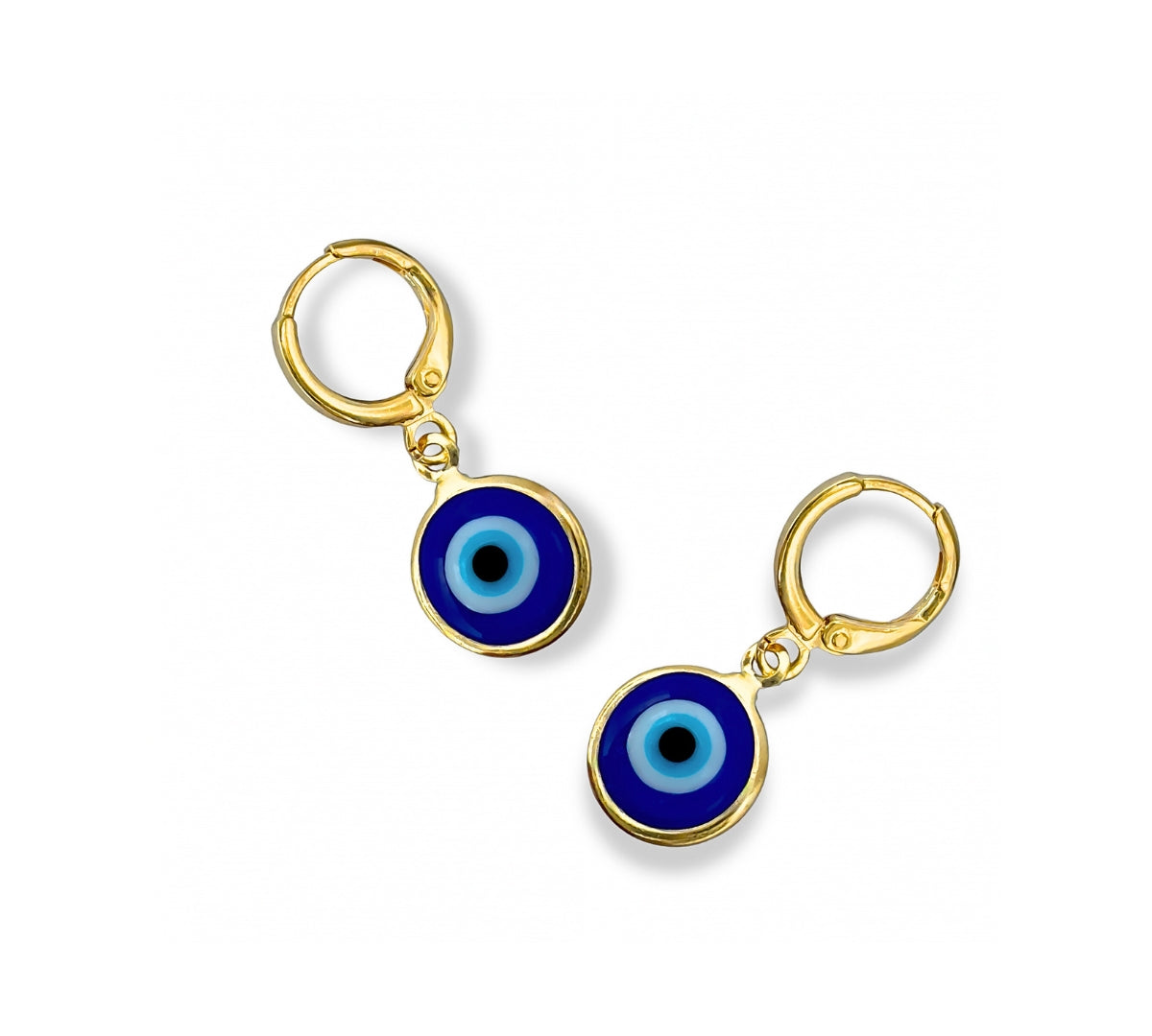 Argollas Ojo Turco Aura en oro laminado con dije circular azul de protección de AMBAR joyería fina