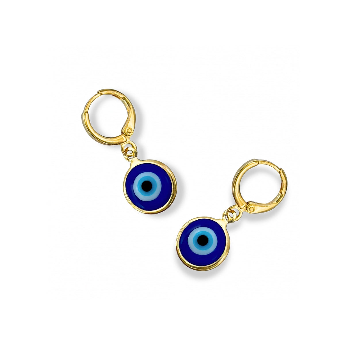 Argollas Ojo Turco Aura en oro laminado con dije circular azul de protección de AMBAR joyería fina