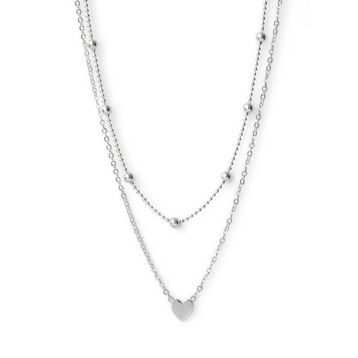 Collar en capas cadena de bolitas y cadena con corazon  plata 925 de AMBAR joyería
