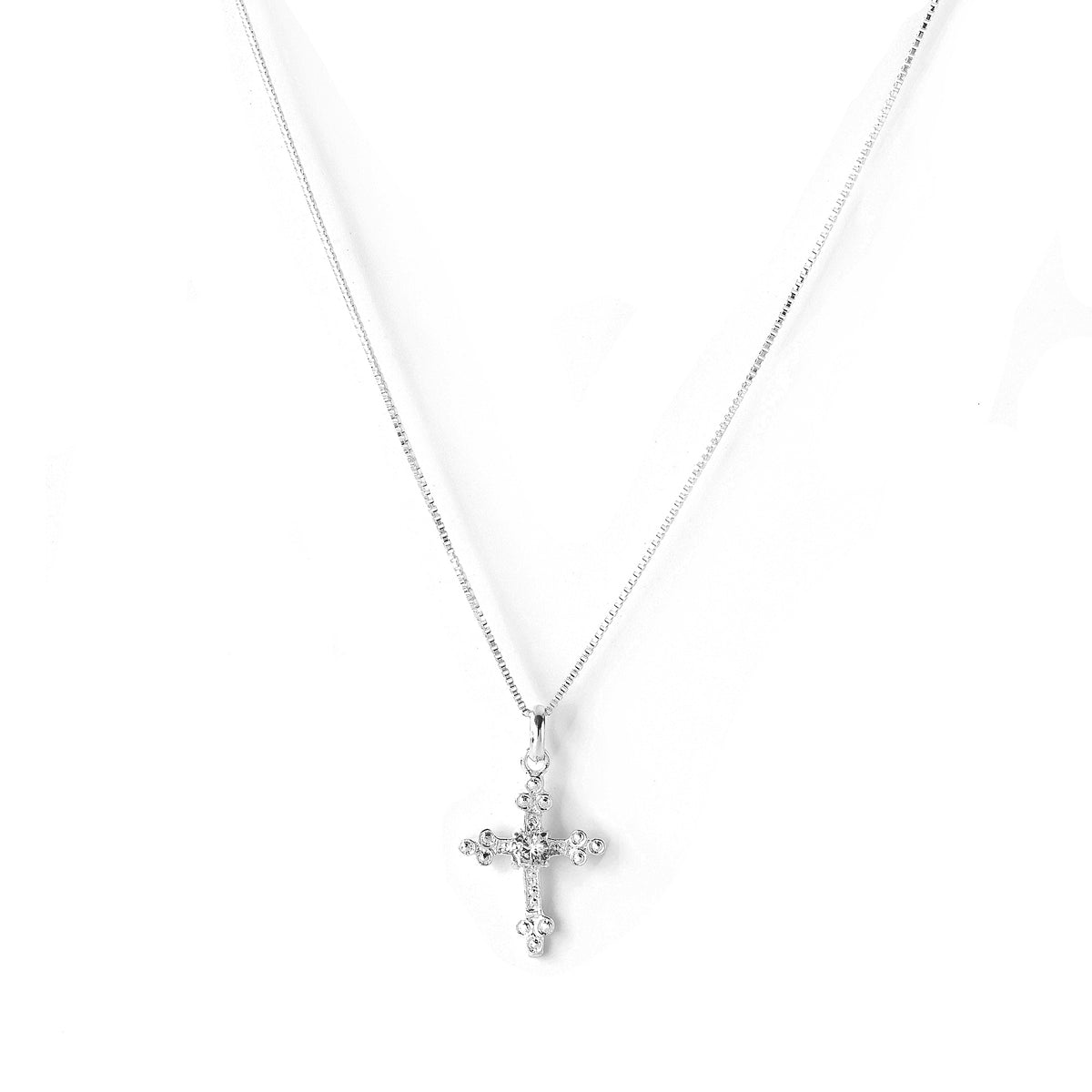 Collar cruz punto de luz con cristal de plata 925 con cadena veneciana 