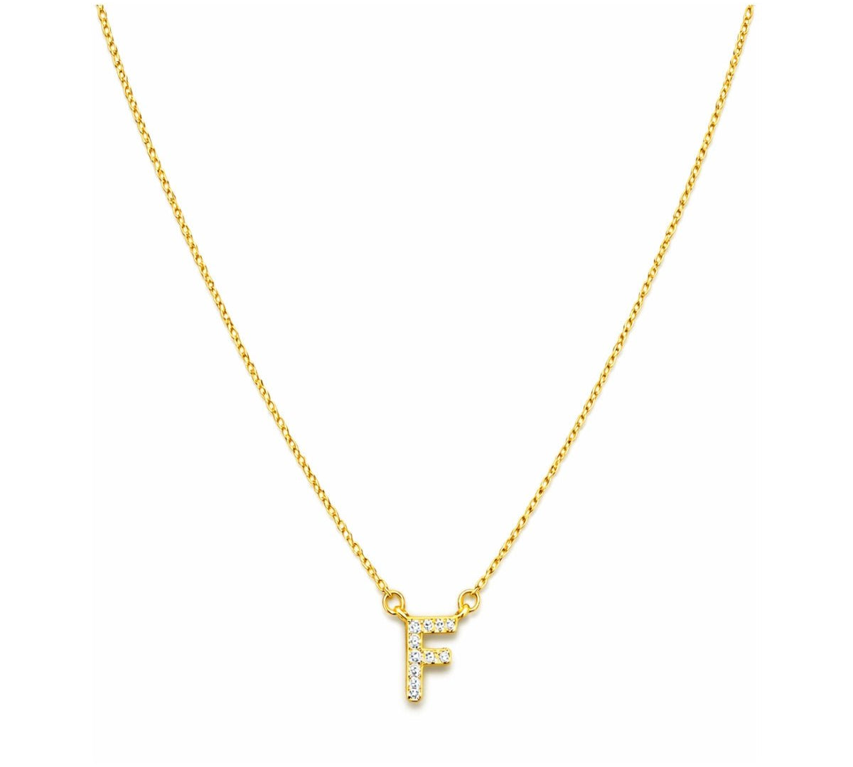 Collar con Inicial F de plata 925 enchapada en Oro 18k y circonitas brillantes.