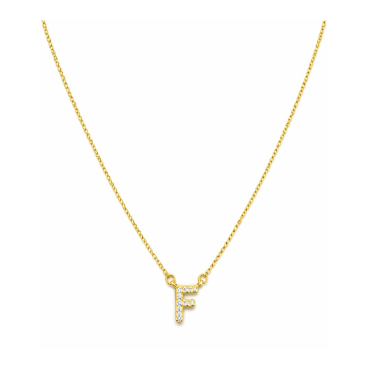 Collar con Inicial F de plata 925 enchapada en Oro 18k y circonitas brillantes.