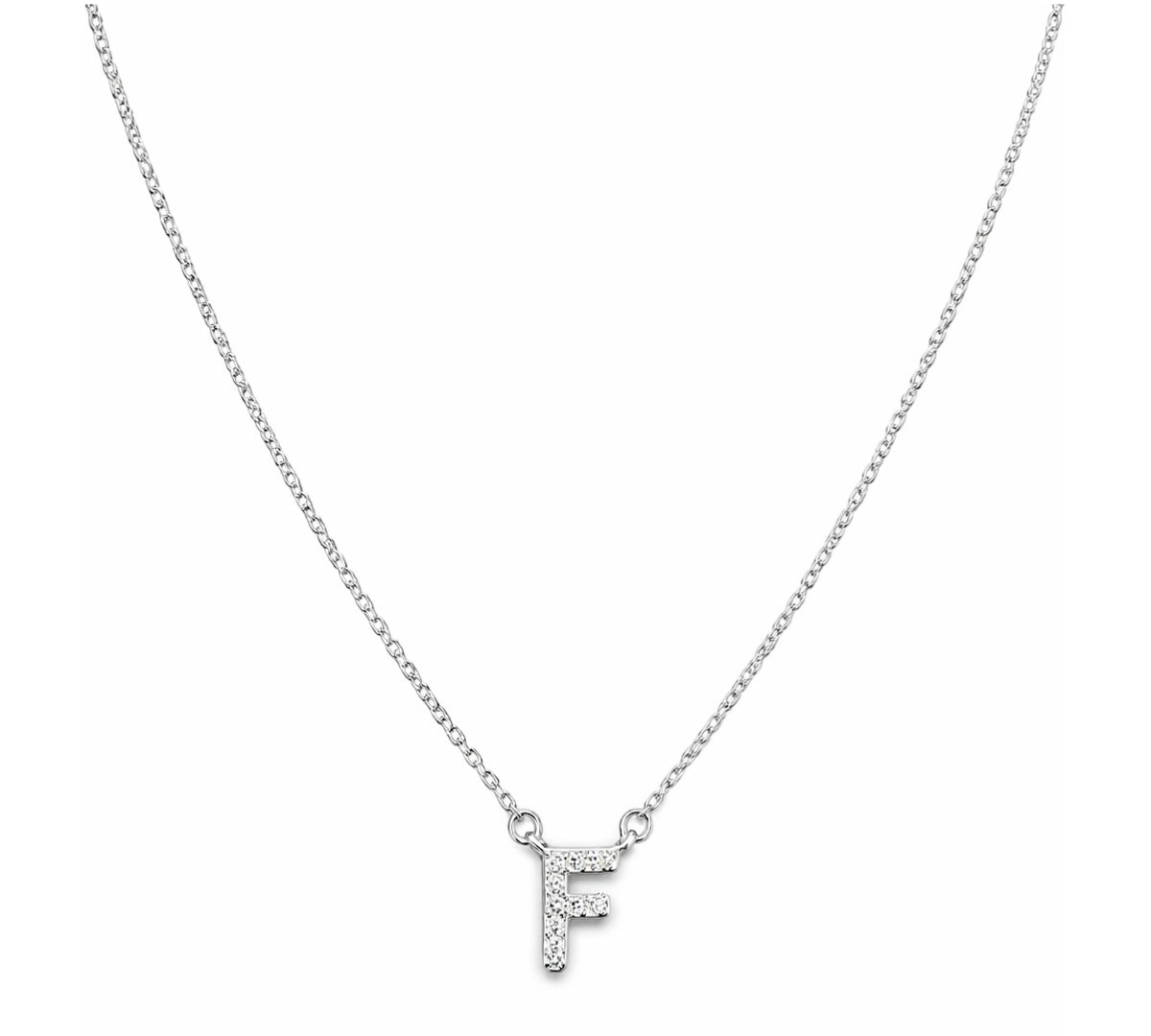 Collar con Inicial F de plata 925 enchapada en rodio y circonitas brillantes.