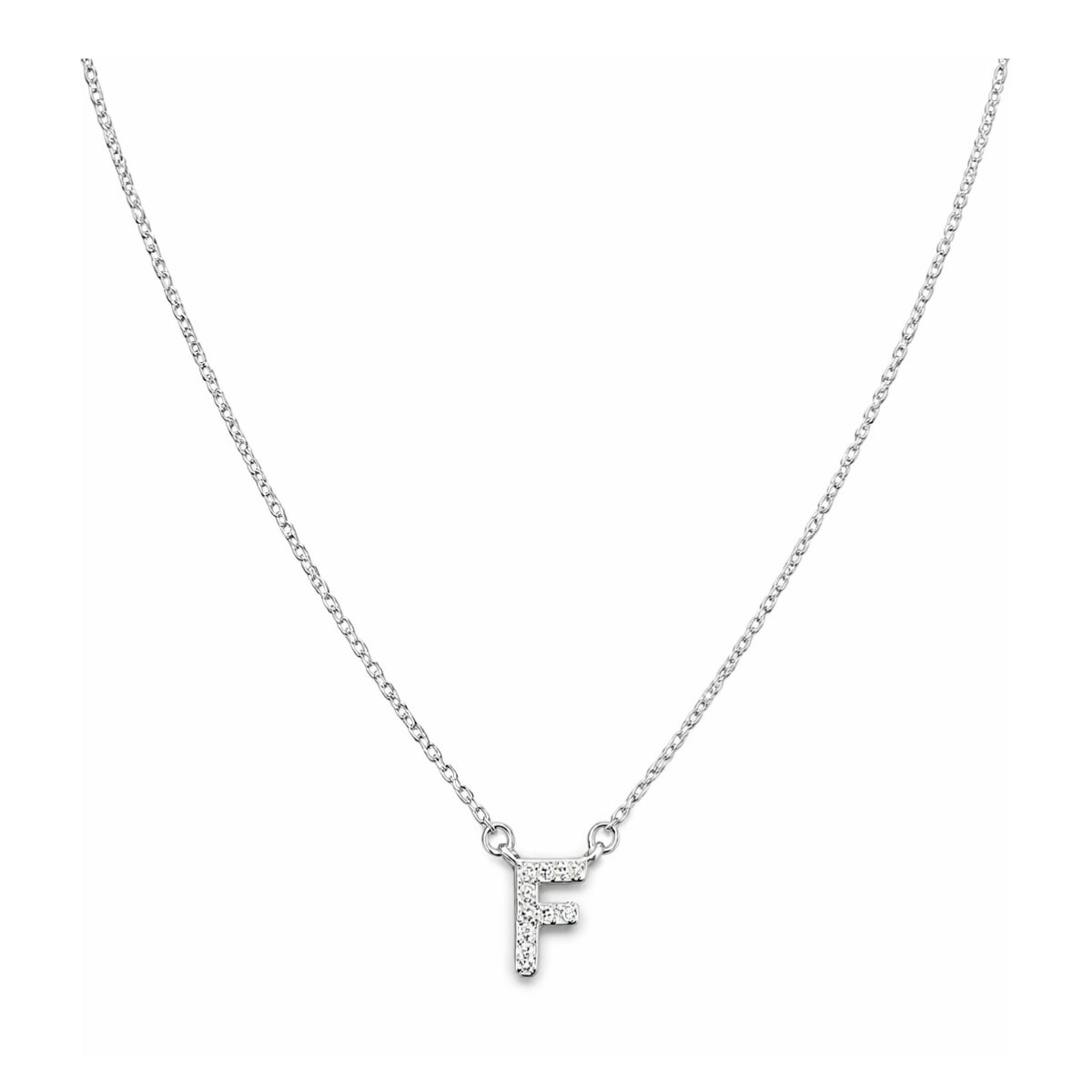 Collar con Inicial F de plata 925 enchapada en rodio y circonitas brillantes.