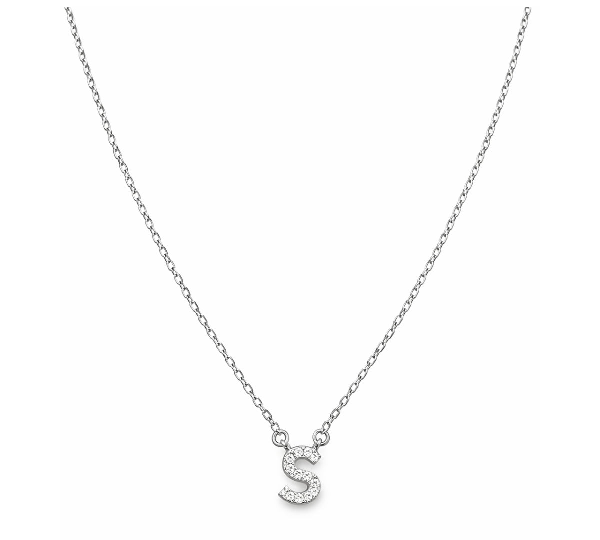 Collar con Inicial S de plata 925 enchapada en rodio y circonitas brillantes.