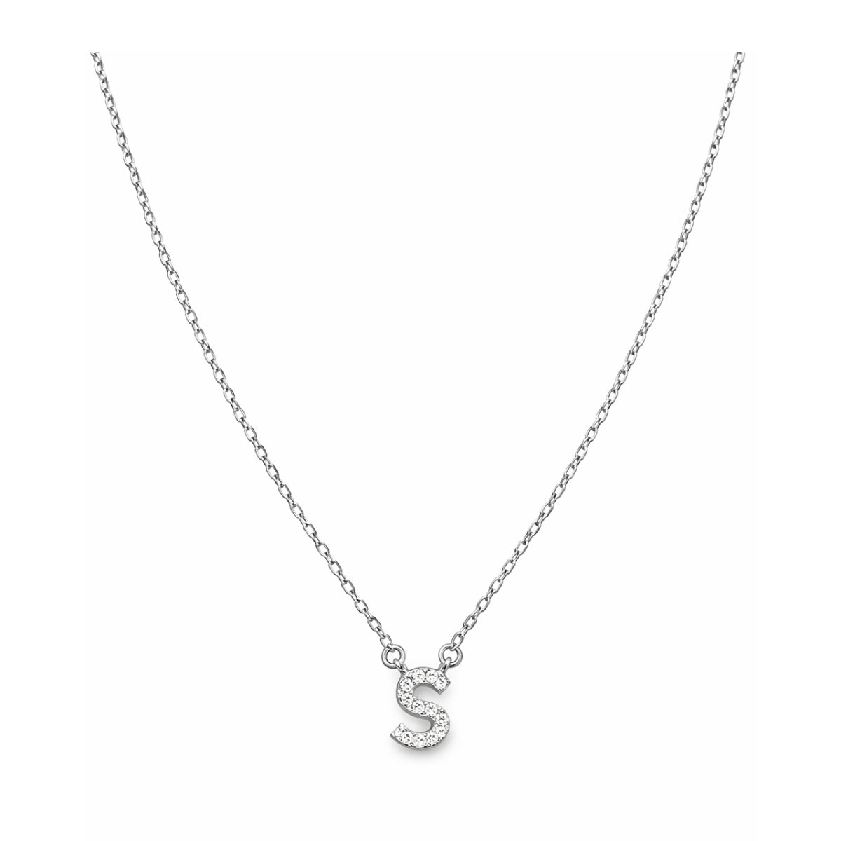 Collar con Inicial S de plata 925 enchapada en rodio y circonitas brillantes.