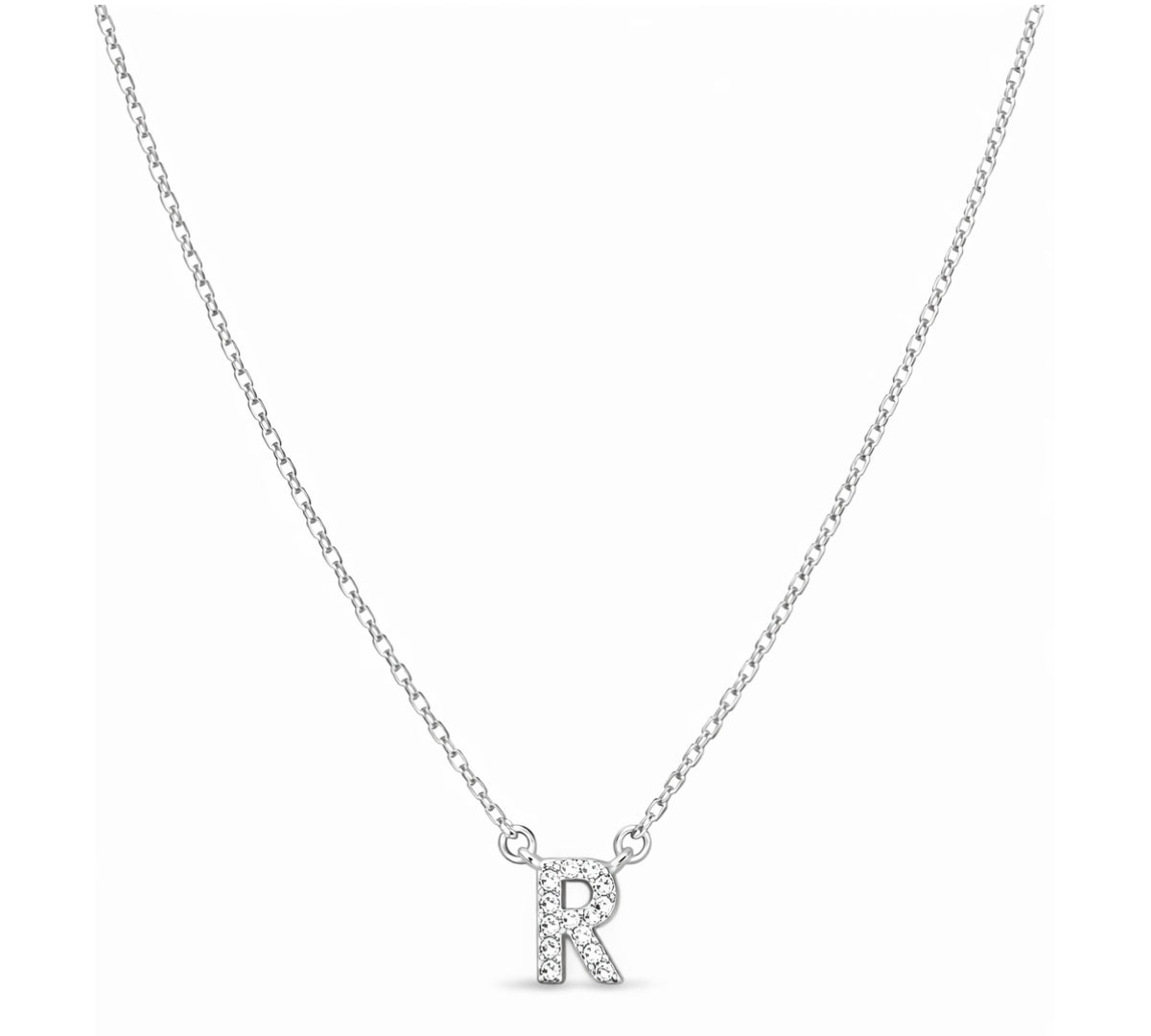 Collar con Inicial R de plata 925 enchapada en rodio y circonitas brillantes.
