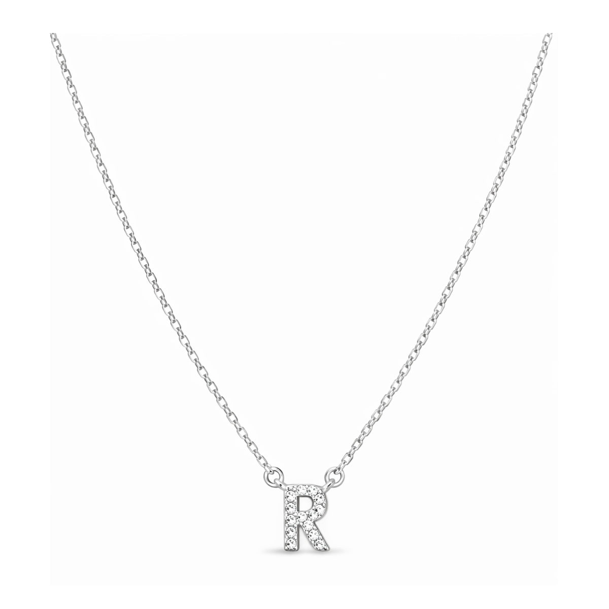 Collar con Inicial R de plata 925 enchapada en rodio y circonitas brillantes.