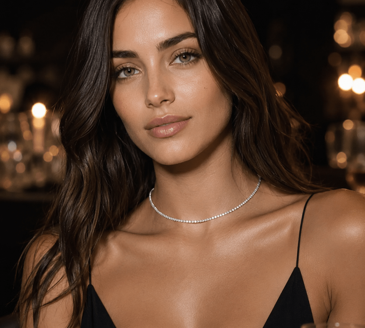 modelo luciendo Collar tennis lexi de cristal enchapado en rodio 18k de AMBAR joyería fina