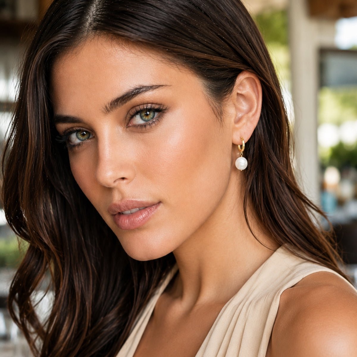 Modelo con argollas Reese Perla Huggies enchapado en oro de 18K de AMBAR Joyería Fina