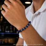 Pulsera masculina ajustable de esferas de piedra natural lapislázuli azul con argollas de plata 925.