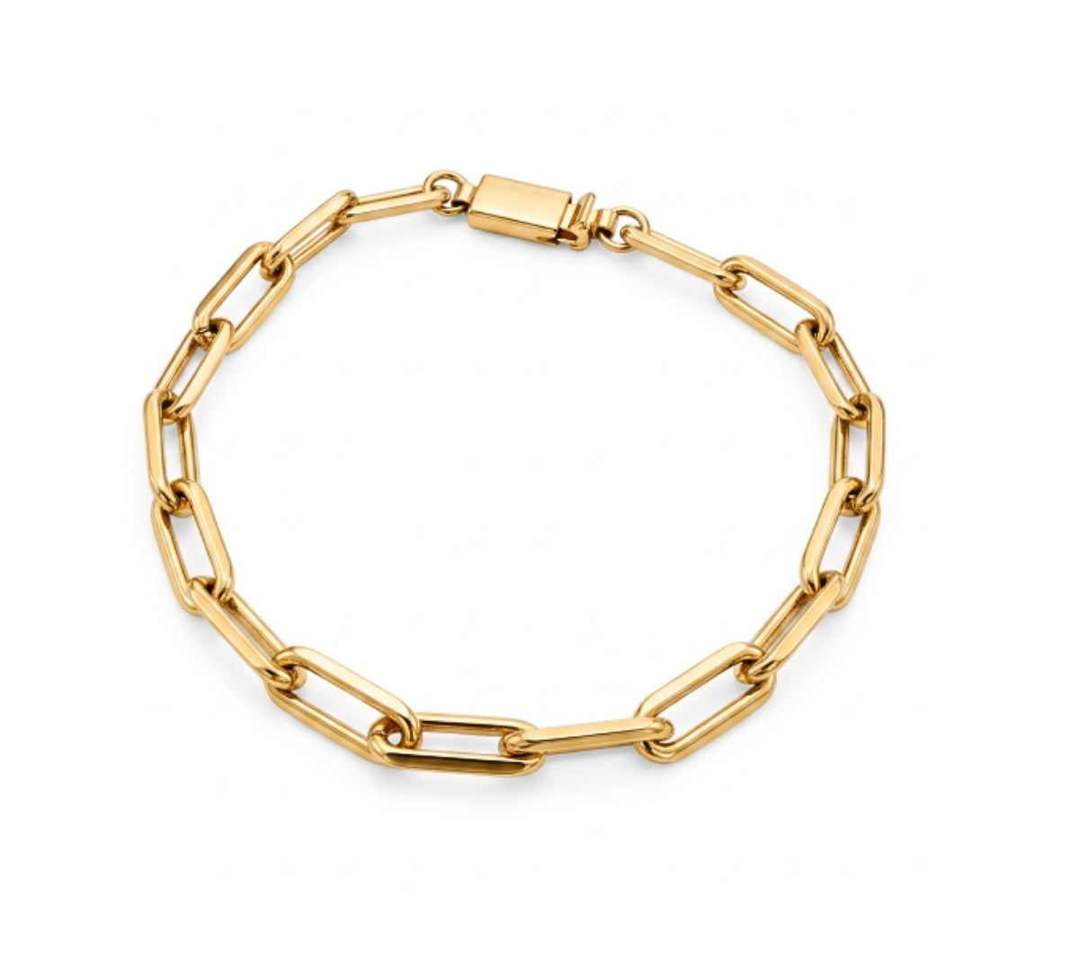Pulsera Link Vanguard de oro laminado para hombre con eslabones rectangulares de 0.6 cm de ancho sobre fondo blanco.