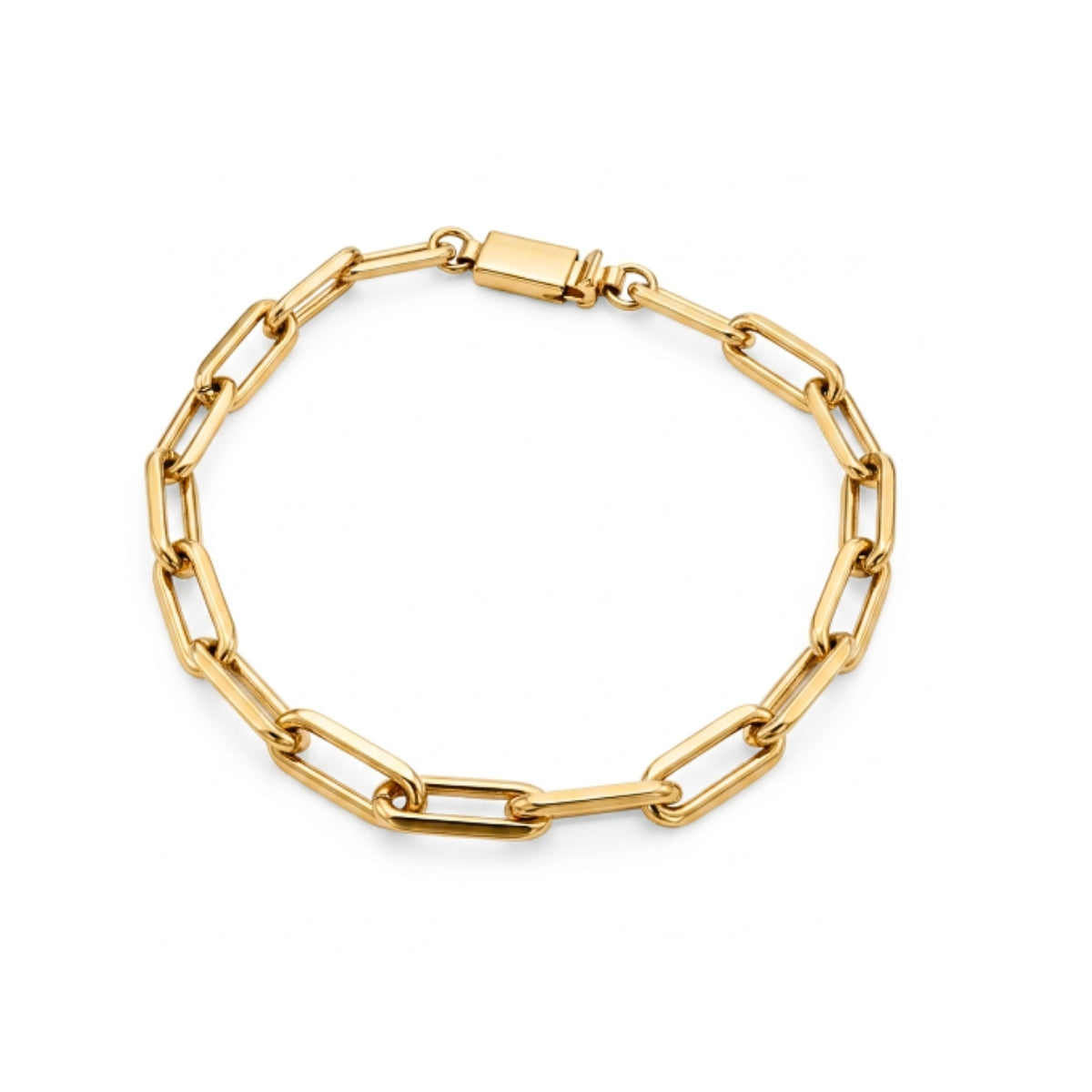 Pulsera Link Vanguard de oro laminado para hombre con eslabones rectangulares de 0.6 cm de ancho sobre fondo blanco.