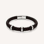 Pulsera Cuero Trenzado Urban de cuero marrón chocolate oscuro con broche y accesorios de acero inoxidable y bandas de silicona negra.