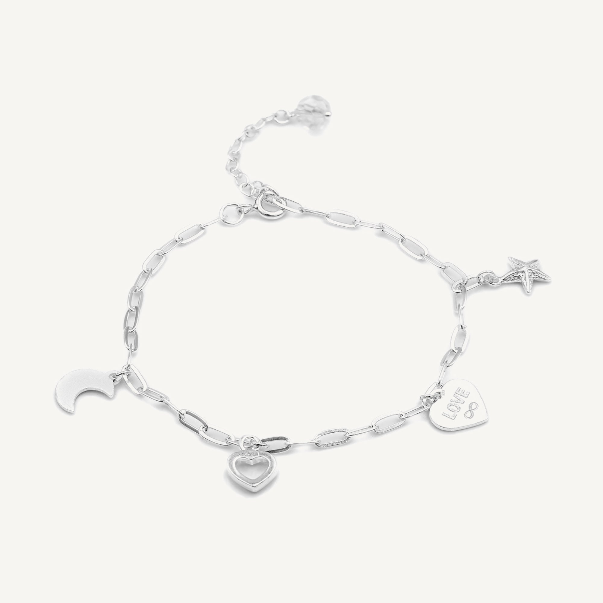 pulsera divertida con dijes de corazon diseño moderno elaborado en plata 925 de AMBAR joyería