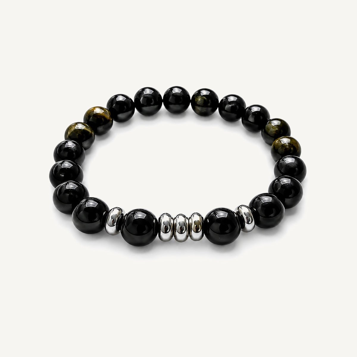 Pulsera Element Grand Obsidiana con piedra natural de obsidiana de 10 mm y donas de acero inoxidable.