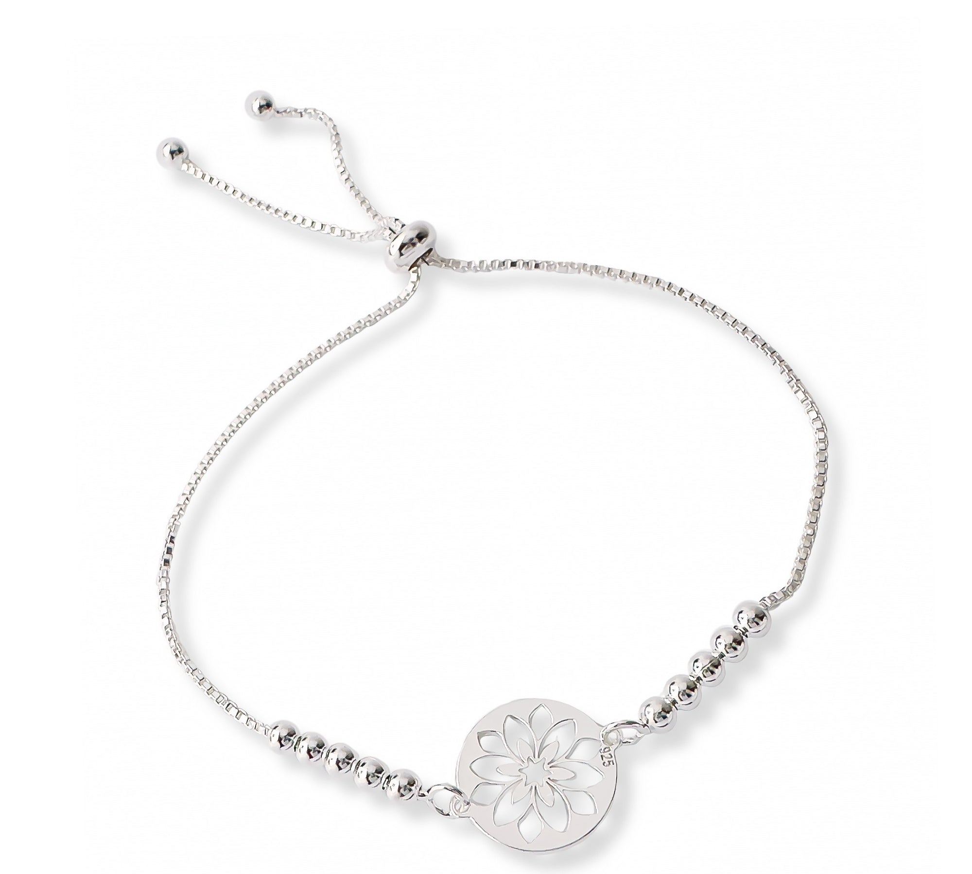 pulsera flor calada con sistema  regulable elaborada en plata 925 de AMBAR Joyería Fina