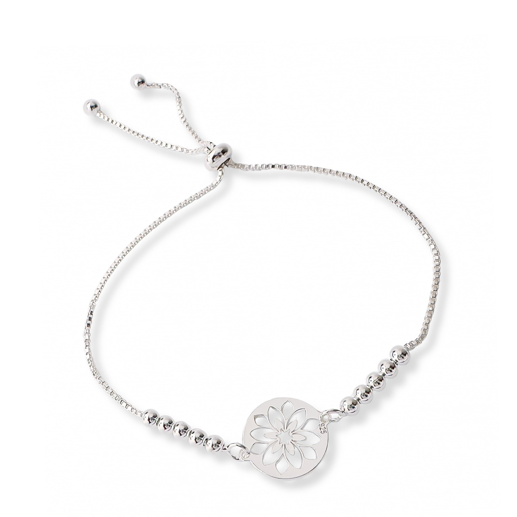 pulsera flor calada con sistema  regulable elaborada en plata 925 de AMBAR Joyería Fina