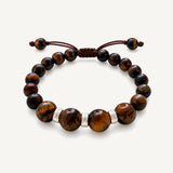 Pulsera Hermes Regulable para hombre con Ojo de tigre de 8 mm y 10mm, aplicaciones de Plata 925 y tejido en macramé.