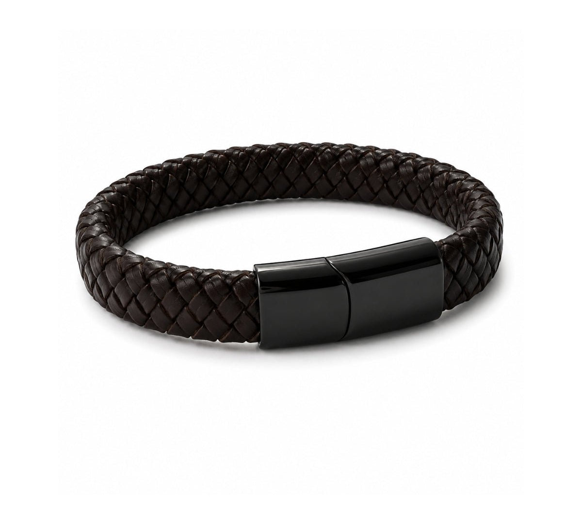 Pulsera de cuero trenzado negro Arom para hombre con broche de acero negro.