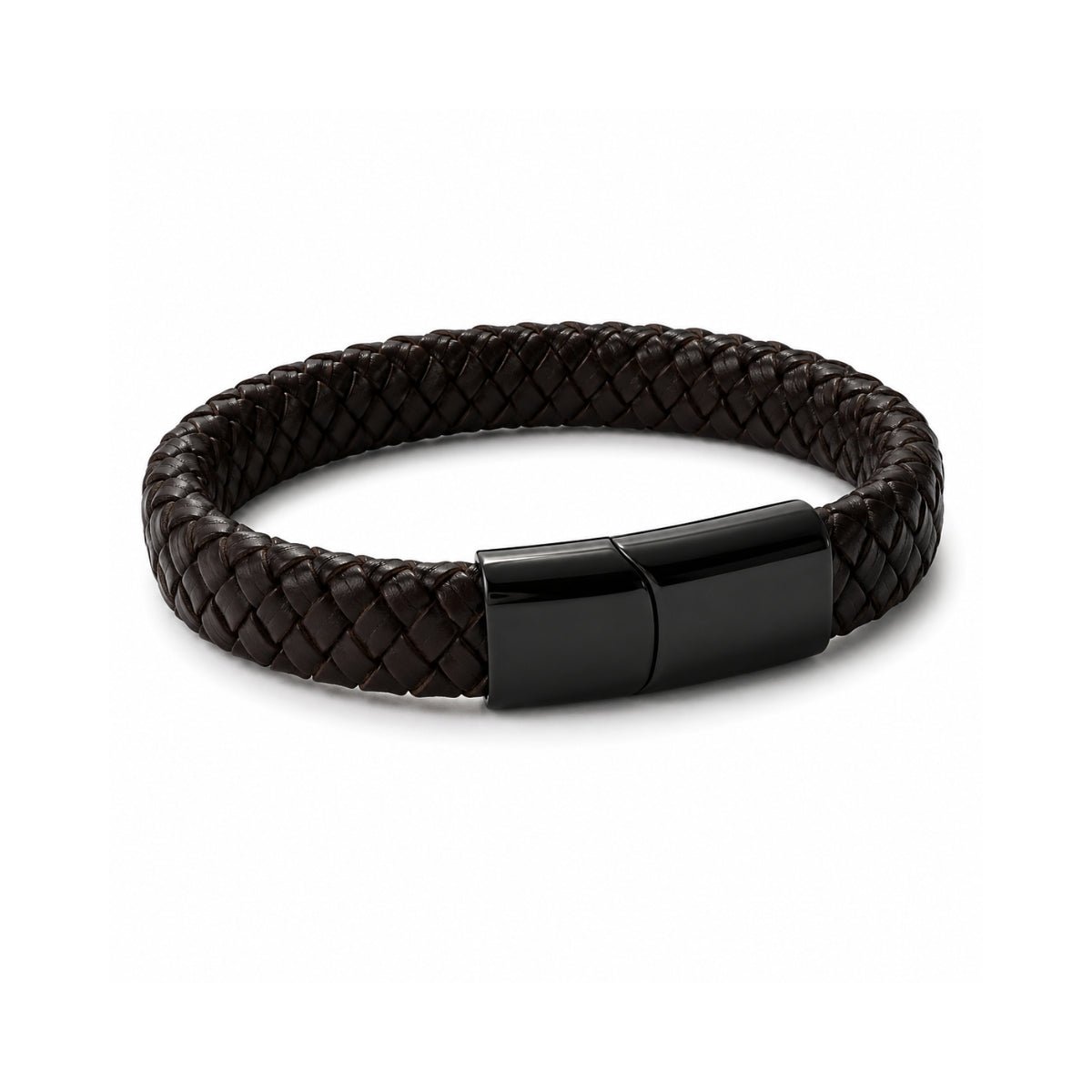 Pulsera de cuero trenzado negro Arom para hombre con broche de acero negro.