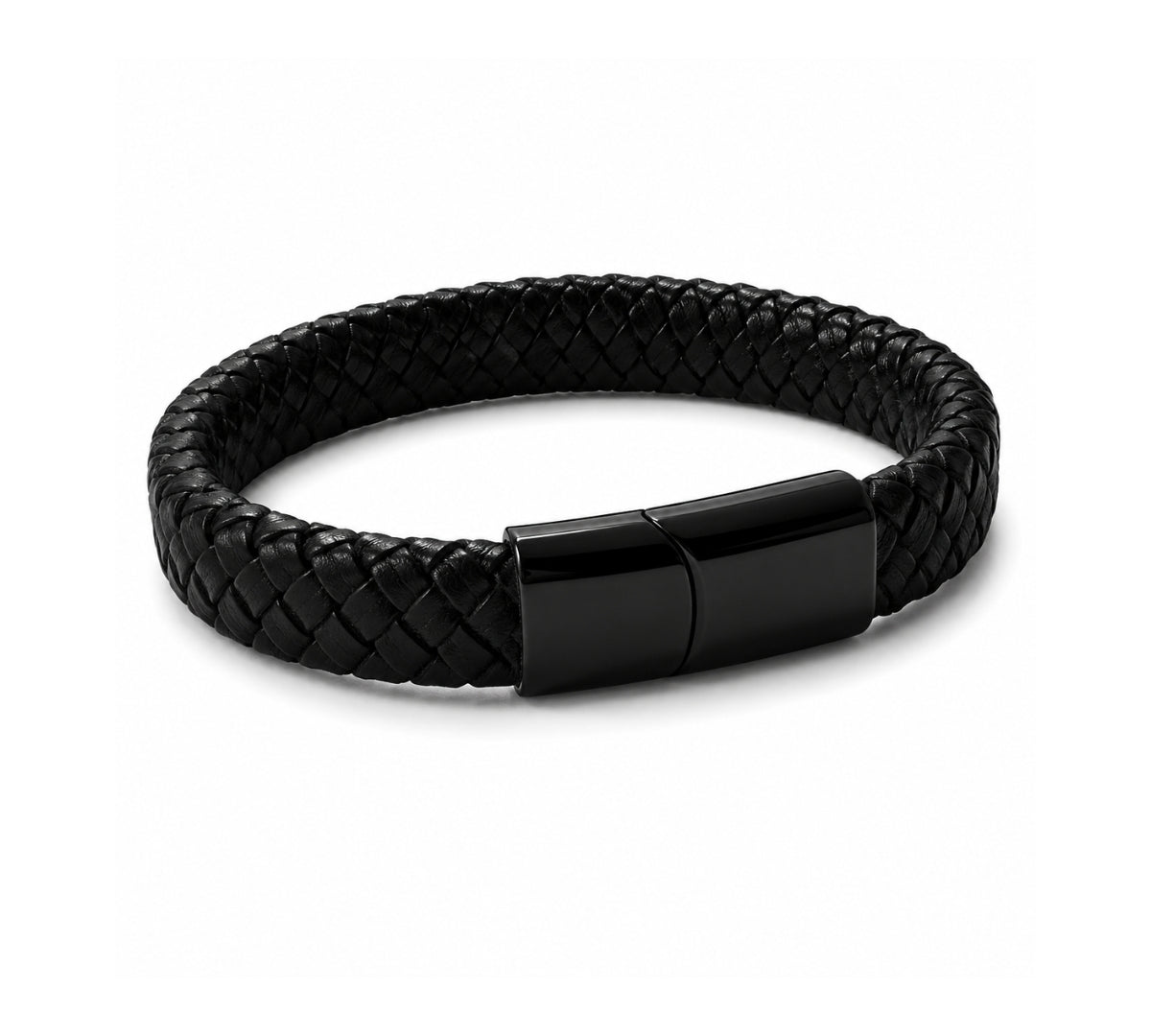 Pulsera de cuero trenzado negro Arom para hombre con broche de acero negro.