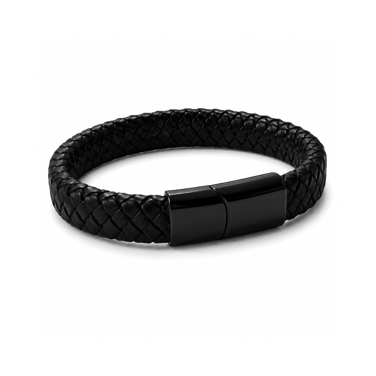 Pulsera de cuero trenzado negro Arom para hombre con broche de acero negro.