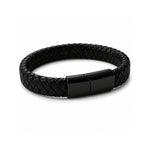 Pulsera de cuero trenzado negro Arom para hombre con broche de acero negro.