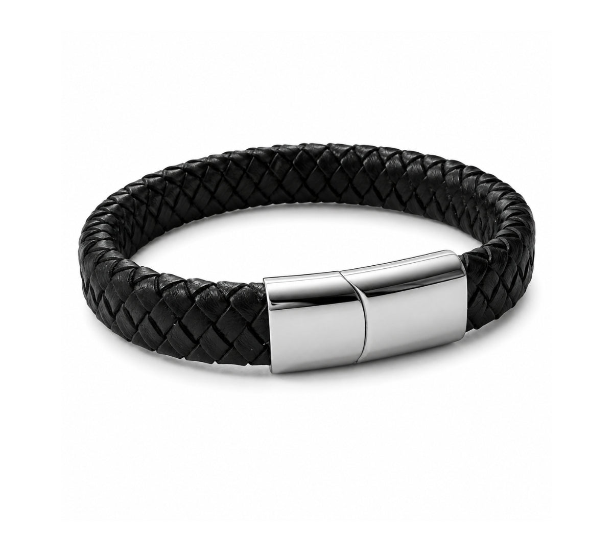 Pulsera de cuero trenzado negro Arom para hombre con broche de acero.