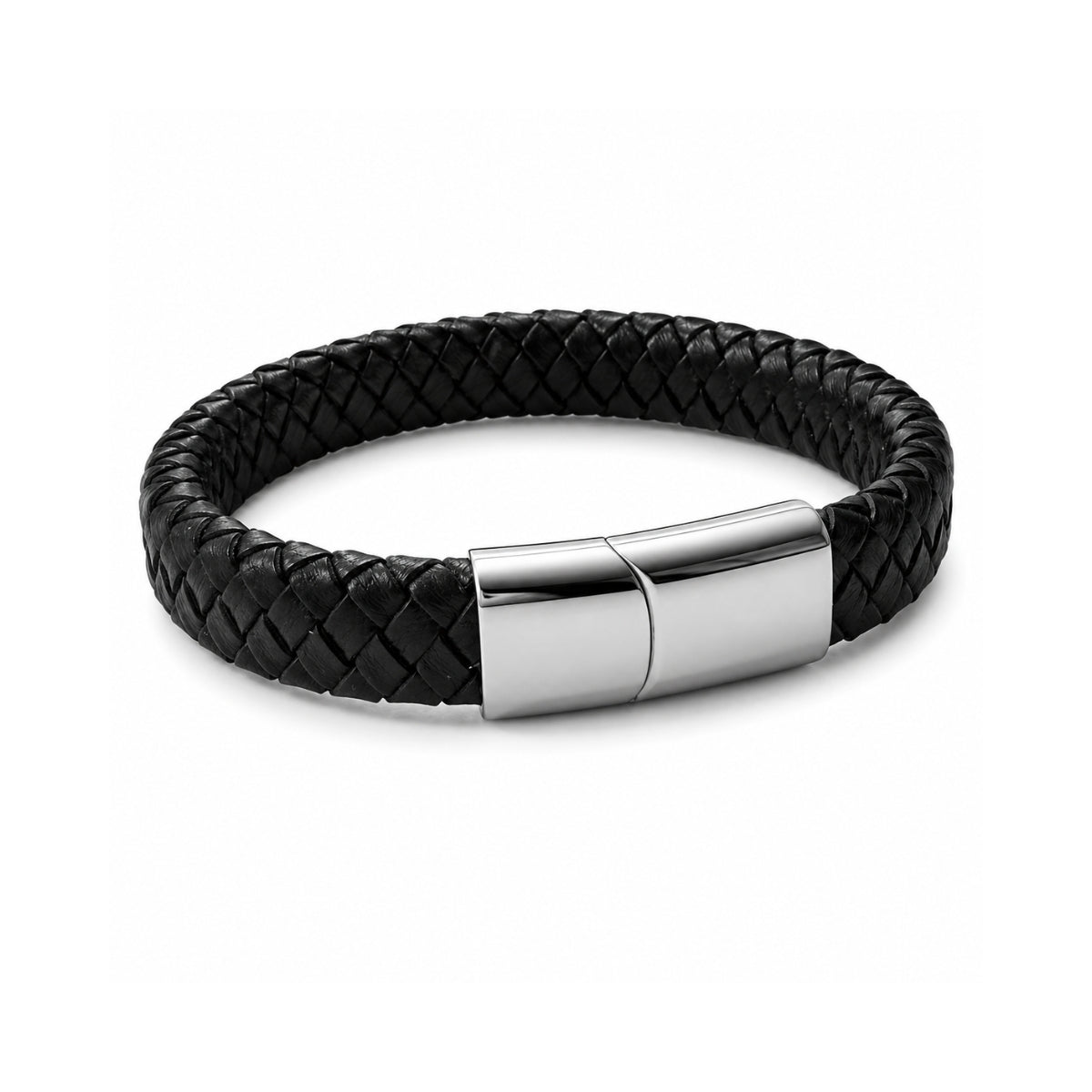 Pulsera de cuero trenzado negro Arom para hombre con broche de acero.