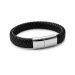 Pulsera de cuero trenzado negro Arom para hombre con broche de acero.