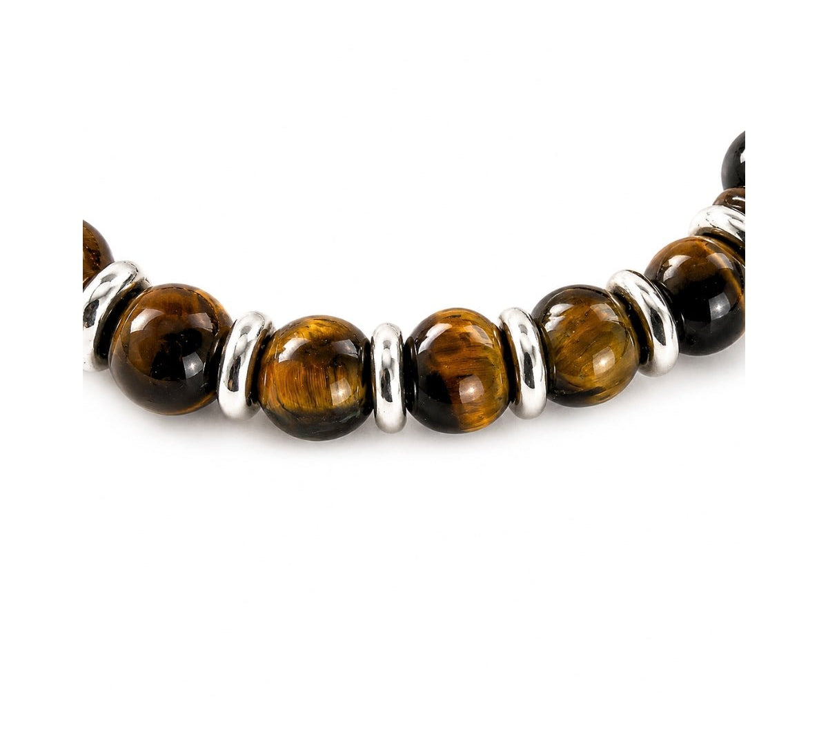 Detalle de Pulsera masculina ajustable de esferas de piedra natural ojo de Tigre con argollas de plata 925.