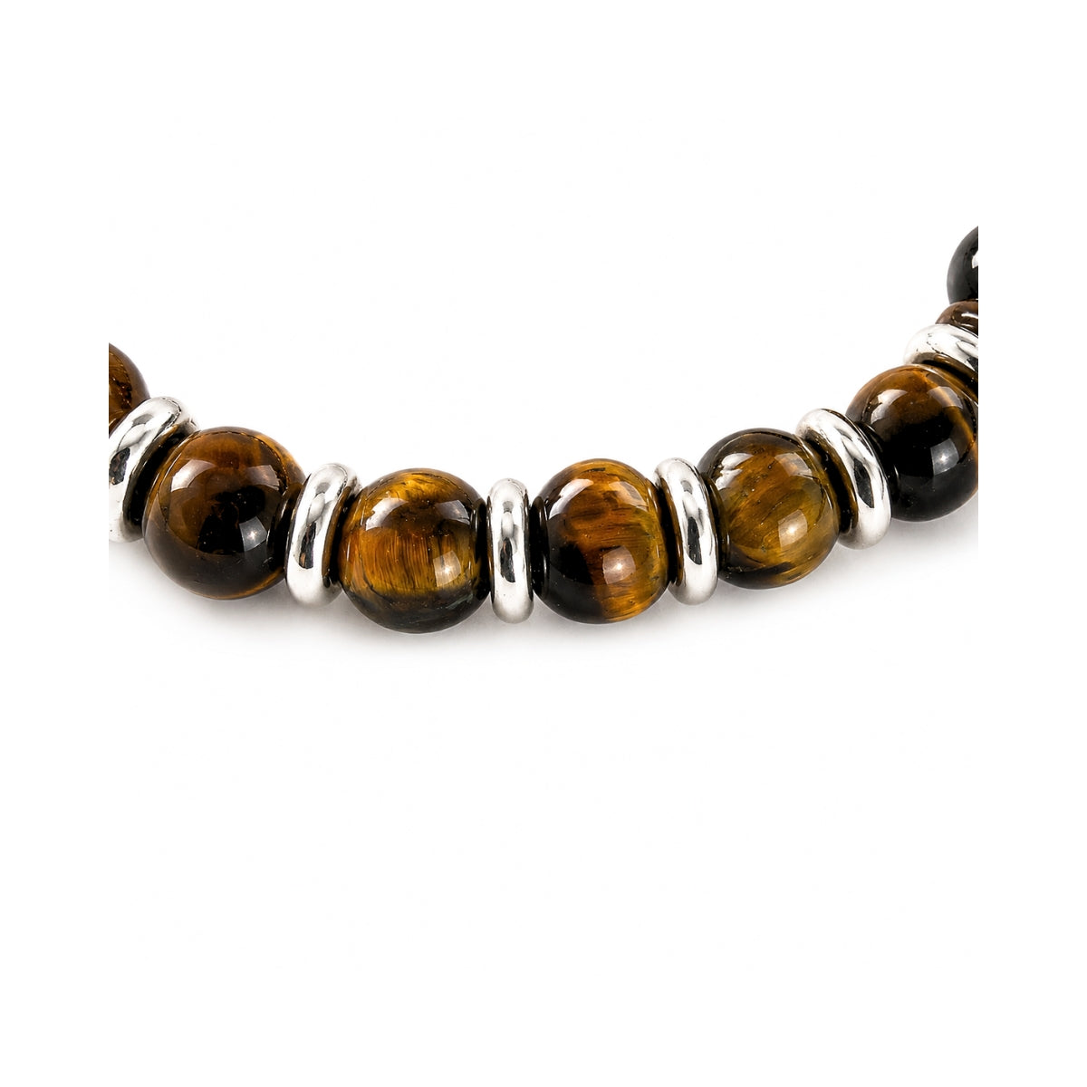 Detalle de Pulsera masculina ajustable de esferas de piedra natural ojo de Tigre con argollas de plata 925.