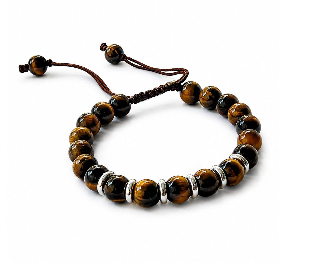 Pulsera masculina ajustable de esferas de piedra natural ojo de Tigre con argollas de plata 925.
