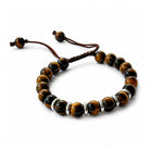Pulsera masculina ajustable de esferas de piedra natural ojo de Tigre con argollas de plata 925.