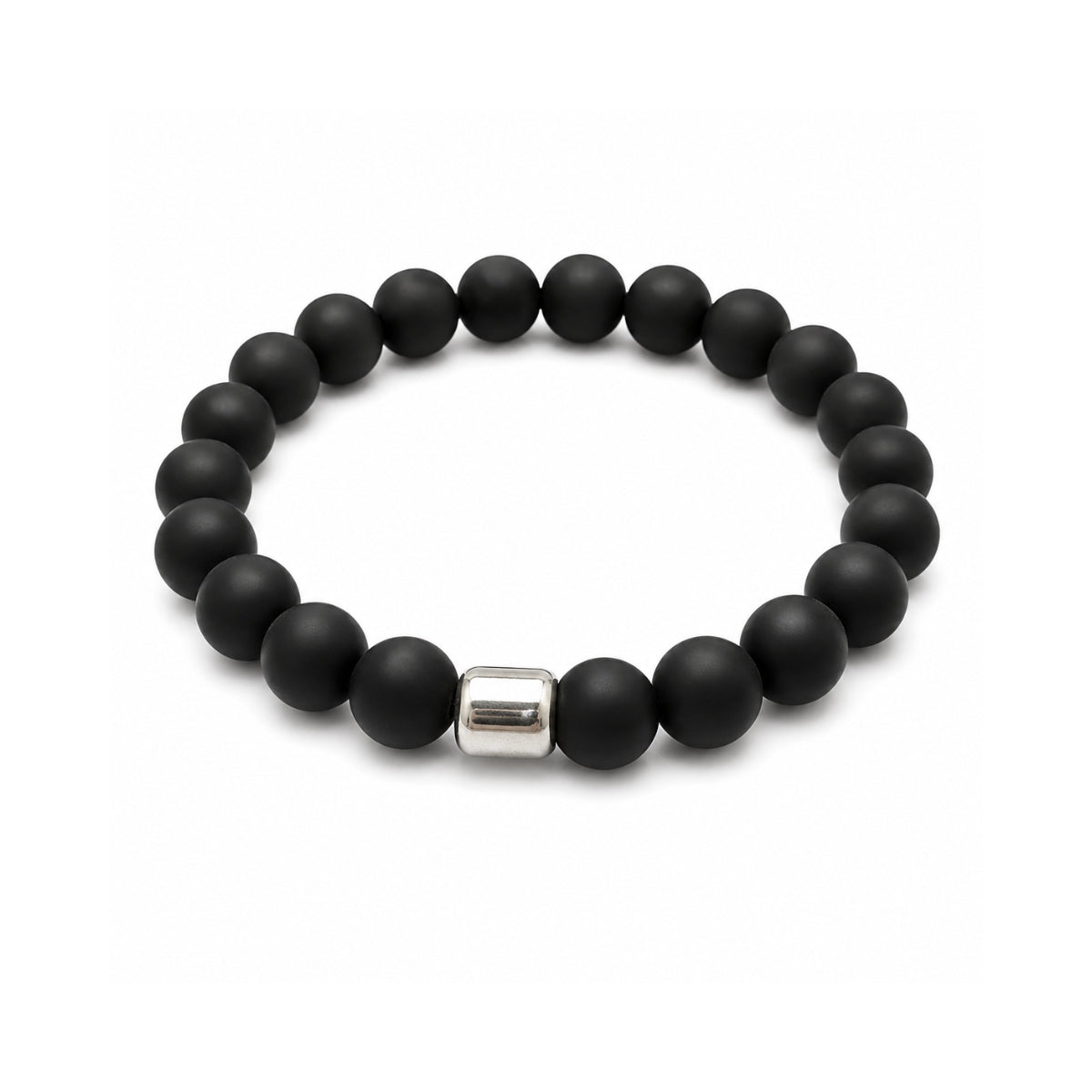 Pulsera elástica para hombre modelo Orión con hilo de silicona, esferas de Onix Negro y tubo cilíndrico central de plata 925 sobre fondo blanco.