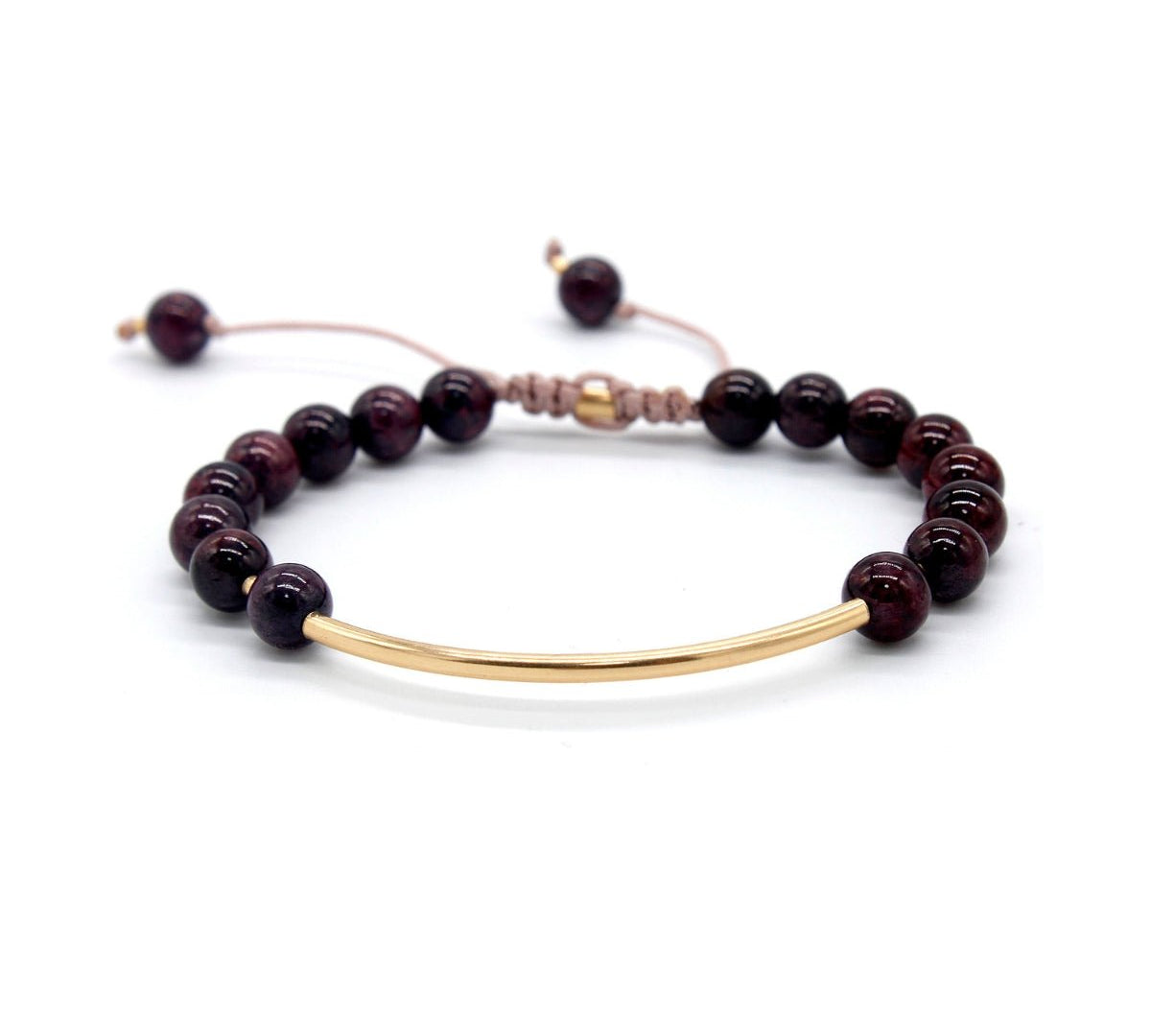 Pulsera Oriana elaborada con piedras naturales rodonitas y gold filled 14k de ambar joyería.