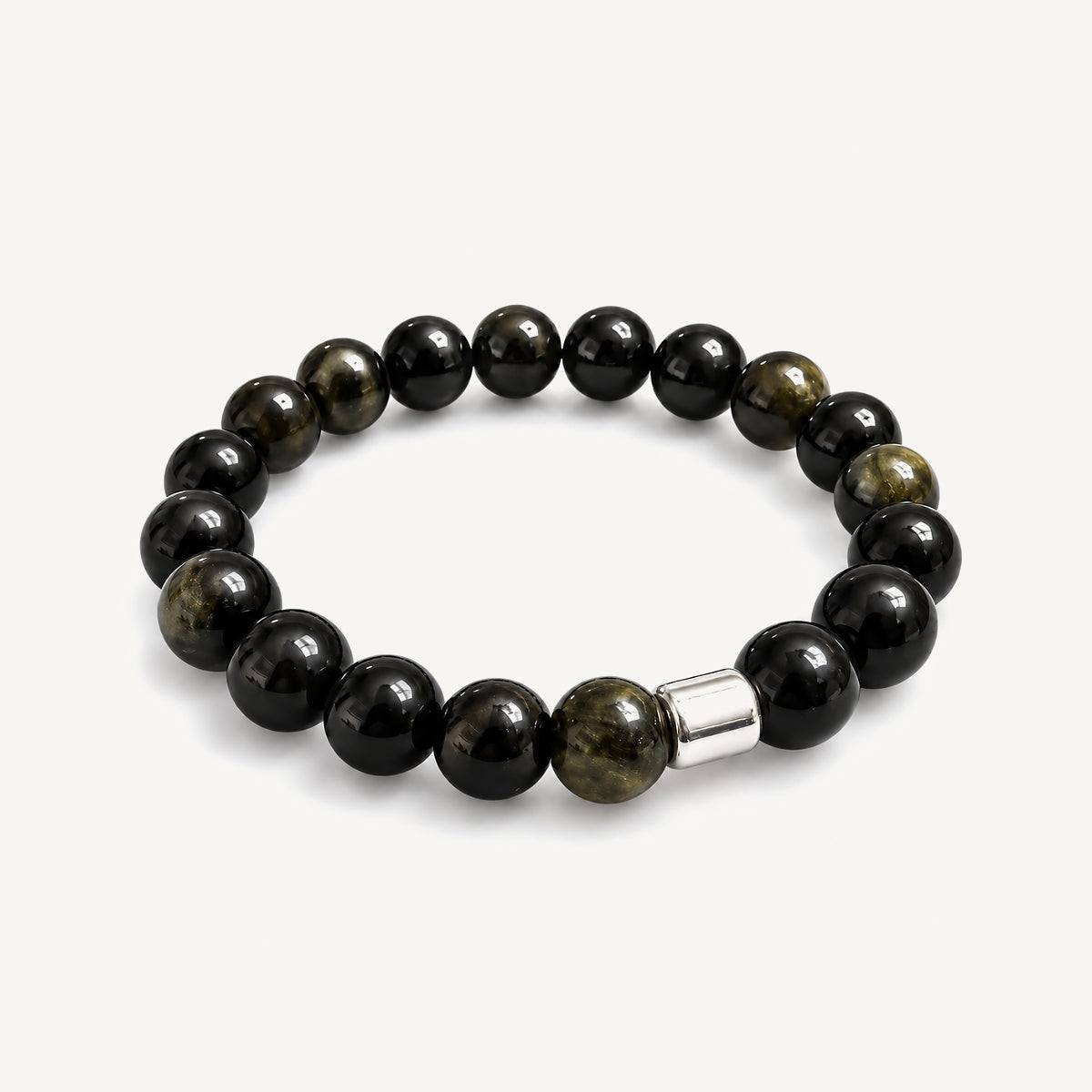 Pulsera Orion Grand para hombre con obsidiana natural de 10 mm y tubo central de Plata 925.