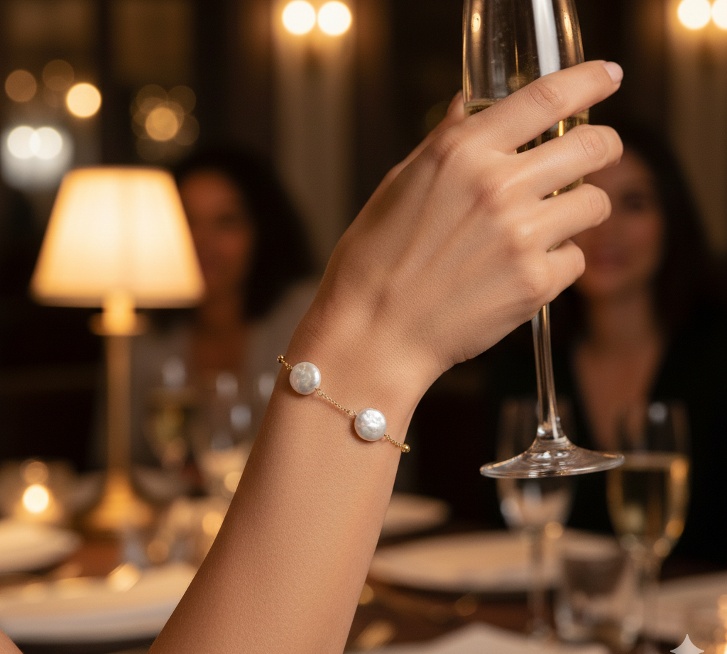 Pulsera de cadena fina en oro 18k con tres perlas barrocas blancas en modelo, accesorio de joyería fina para mujer.