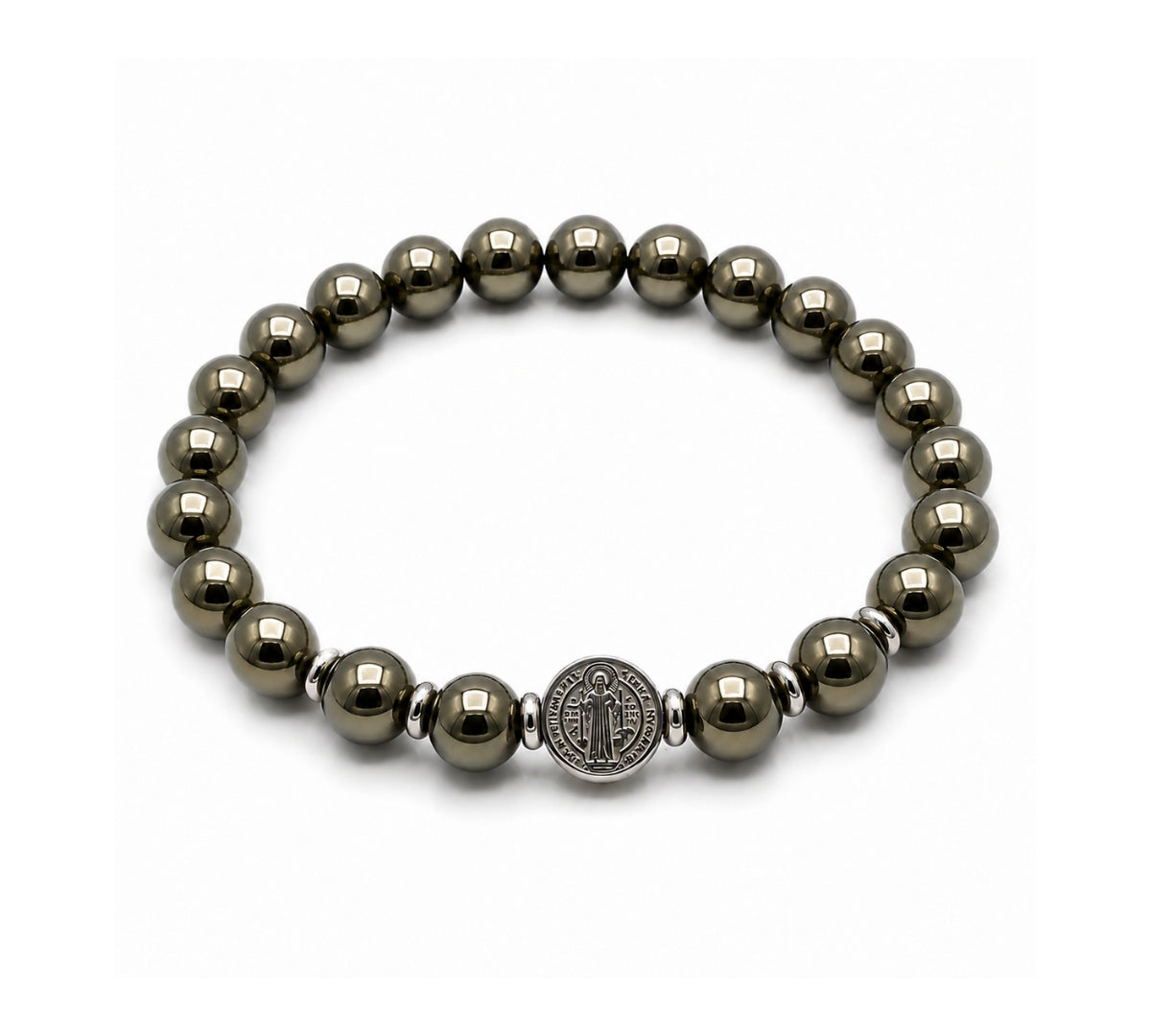 Pulsera Pirita San Benito Imperial para hombre con piedra natural de pirita y medalla central de acero de AMBAR joyería fina