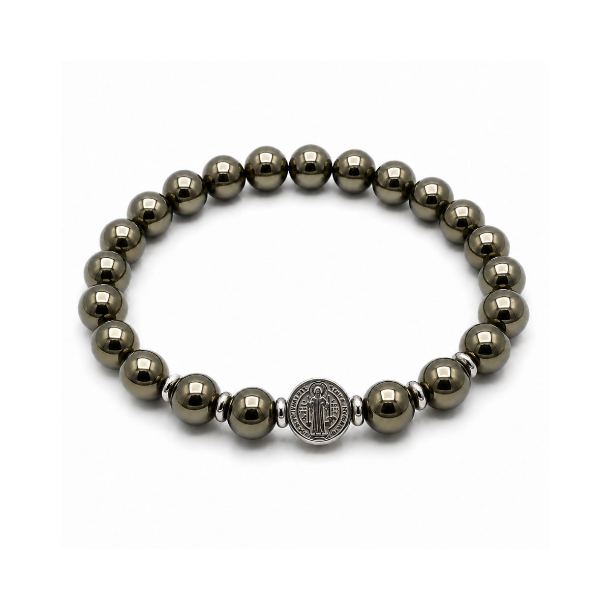 Pulsera Pirita San Benito Imperial para hombre con piedra natural de pirita y medalla central de acero de AMBAR joyería fina