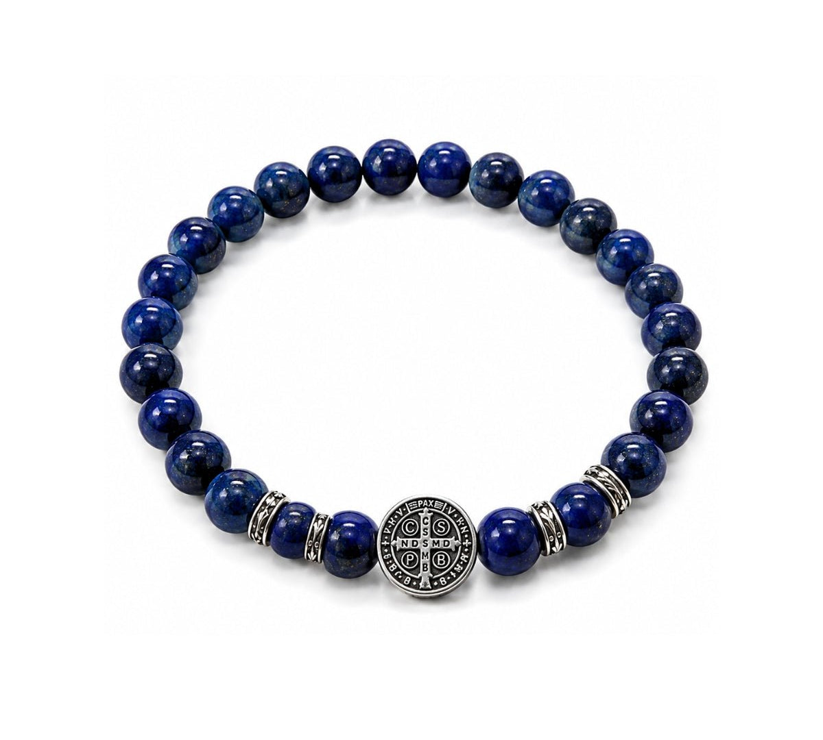 Pulsera elástica para hombre con esferas de piedra natural lapislázuli de 8 mm, hilo de silicona y medalla de San Benito en plata 925 quemada.