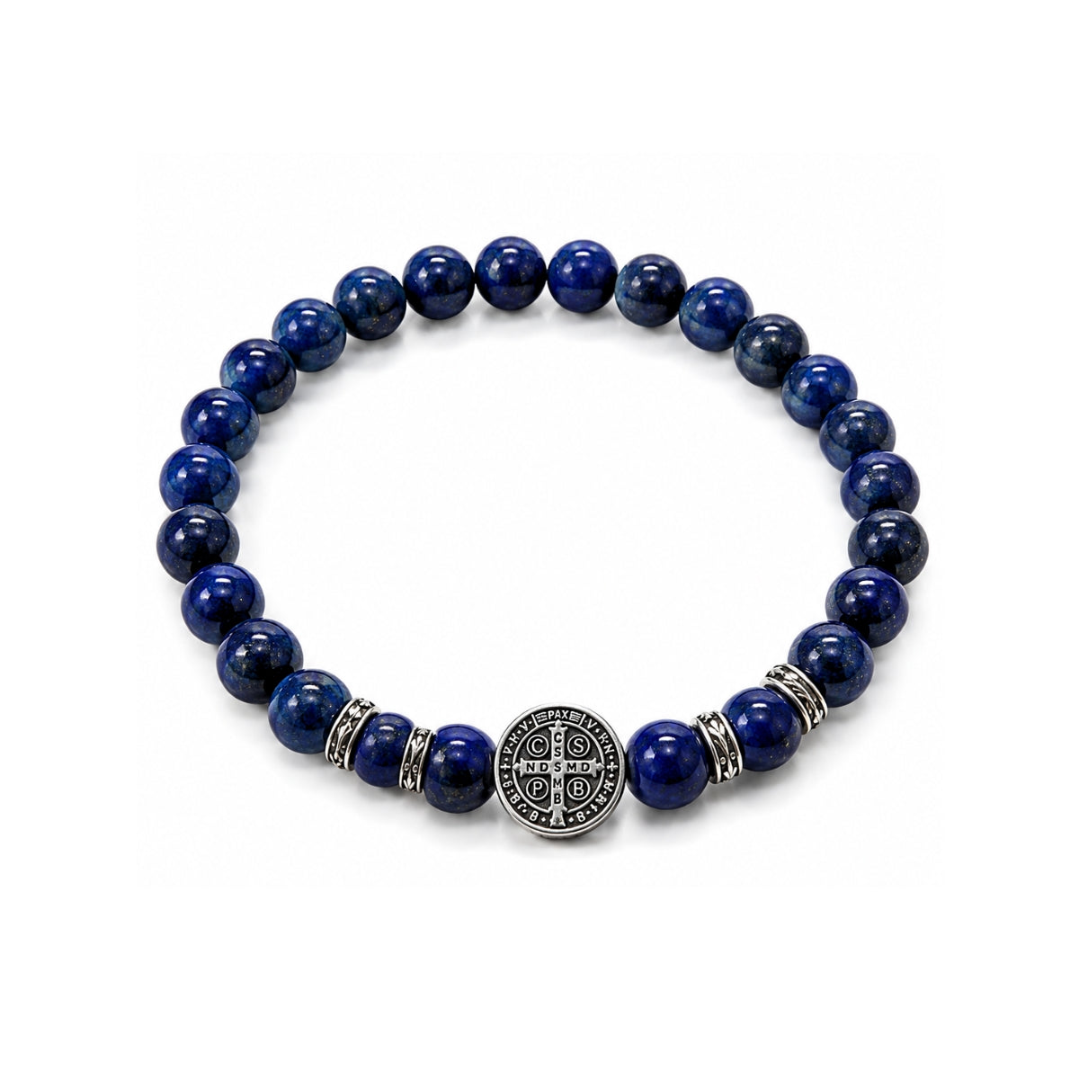 Pulsera elástica para hombre con esferas de piedra natural lapislázuli de 8 mm, hilo de silicona y medalla de San Benito en plata 925 quemada.