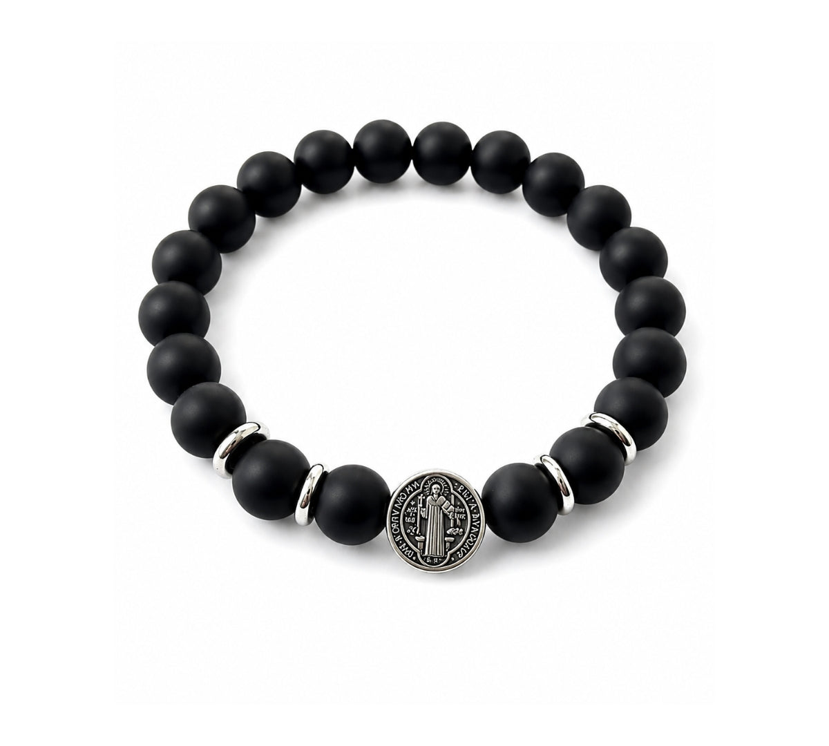 Pulsera elástica para hombre con esferas de piedra natural Onix matede 10 mm, hilo de silicona y medalla de San Benito en plata 925.